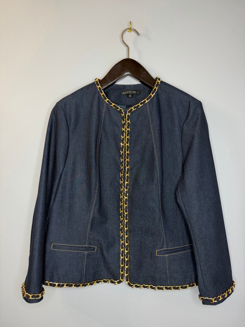 Lafayette 148 New York Denim Jacket Blue Gold Link Trim Classic Women's 16